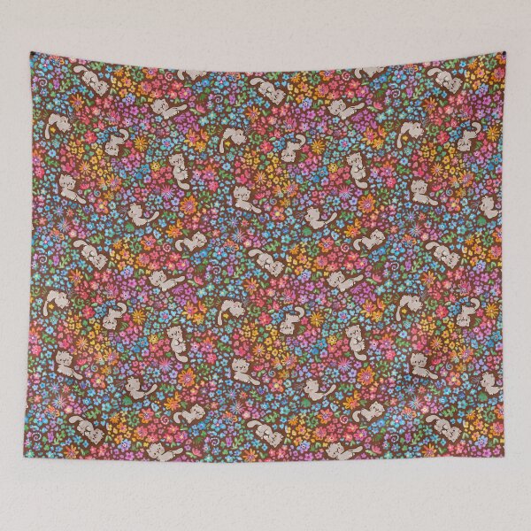 Item preview, Pebble's Whimsical Garden - Gray Cat & Bright Painted Florals - Brown designed and sold by EmiBeeBuzz.