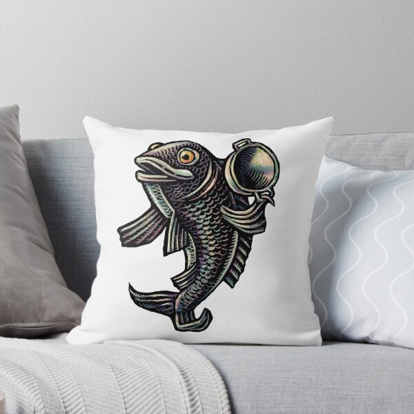Item preview, black or blue fish holding a cooking wok pan designed and sold by LisaHaney.