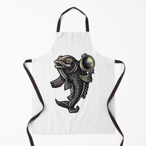 Item preview, black or blue fish holding a cooking wok pan designed and sold by LisaHaney.