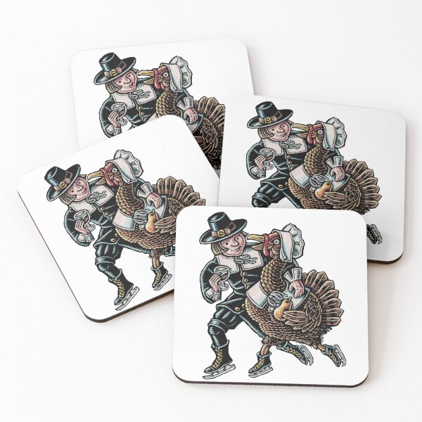 Item preview, pilgrim ice skating with a thanksgiving turkey in a bonnet designed and sold by LisaHaney.