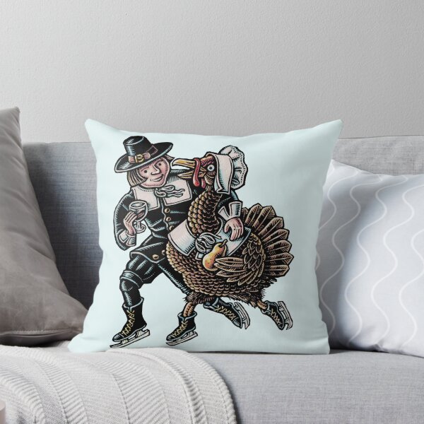 Item preview, pilgrim ice skating with a thanksgiving turkey in a bonnet designed and sold by LisaHaney.