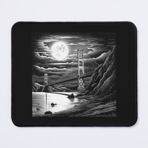 Item preview, Golden Gate Bridge Moonlight Illustration | Black and White San Francisco Art designed and sold by inkoutninja.