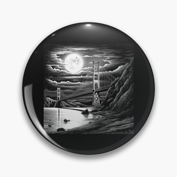 Item preview, Golden Gate Bridge Moonlight Illustration | Black and White San Francisco Art designed and sold by inkoutninja.
