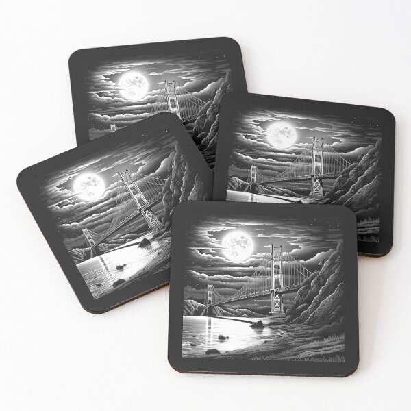 Item preview, Golden Gate Bridge Moonlight Illustration | Black and White San Francisco Art designed and sold by inkoutninja.