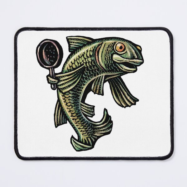 Item preview, green fish holding a frying pan designed and sold by LisaHaney.