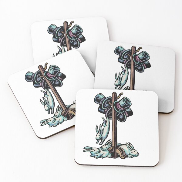 Item preview, white rabbits fall from magician's hats hung on coat rack designed and sold by LisaHaney.