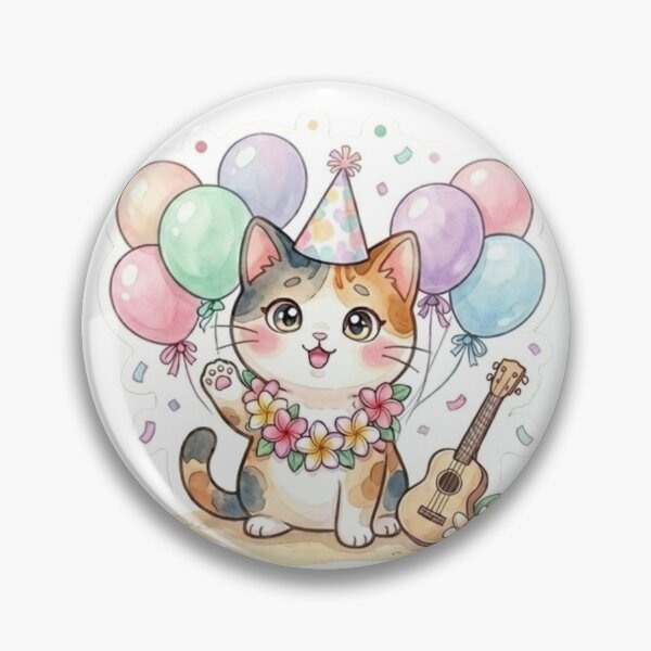 Item preview, Aloha Birthday Calico Cat with Ukulele & Balloons designed and sold by LaniDigitalNook.