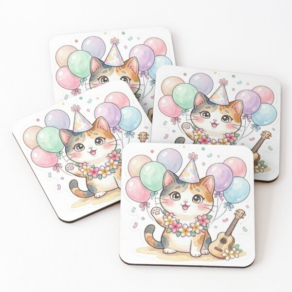 Item preview, Aloha Birthday Calico Cat with Ukulele & Balloons designed and sold by LaniDigitalNook.
