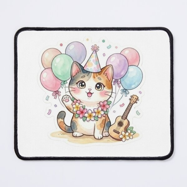 Item preview, Aloha Birthday Calico Cat with Ukulele & Balloons designed and sold by LaniDigitalNook.