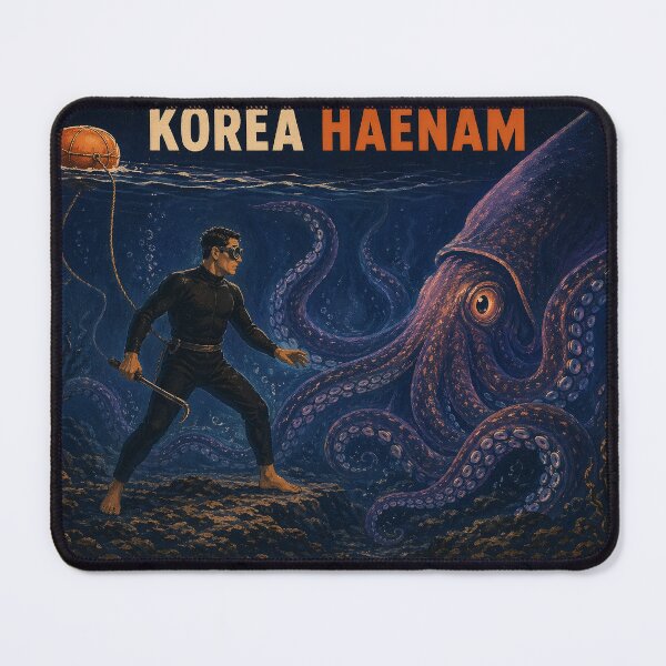 Item preview, KOREA HAENAM - Male Sea Diver Encounters Giant Squid Jeju Island Retro Vintage Poster designed and sold by KOREA-HAENAM.