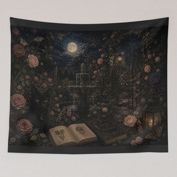 Item preview, Midnight Witch Garden - Black Cat & Moonlit Fountain Art designed and sold by PixelPanduh.