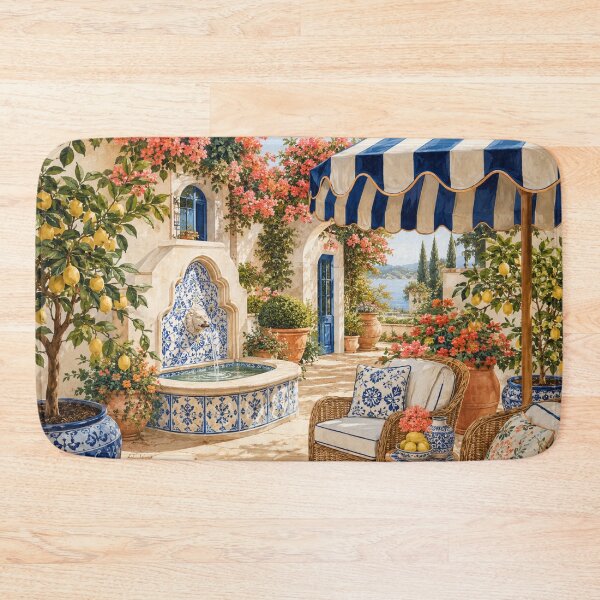 Item preview, Mediterranean Lemon Courtyard - Blue Tile Fountain Art designed and sold by MeanPanduh.