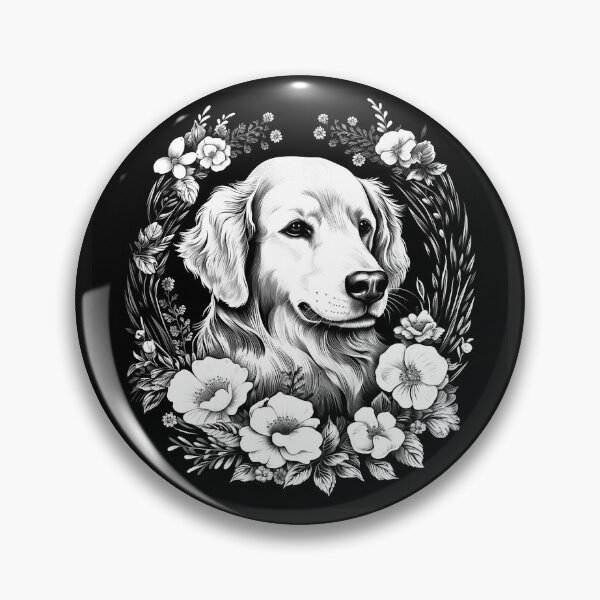 Item preview, Floral Golden Retriever Portrait | Black and White Dog Lover Art designed and sold by inkoutninja.
