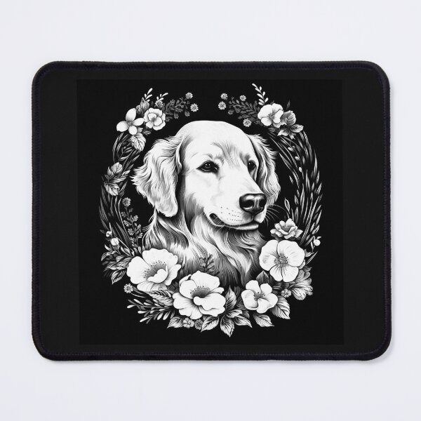 Item preview, Floral Golden Retriever Portrait | Black and White Dog Lover Art designed and sold by inkoutninja.