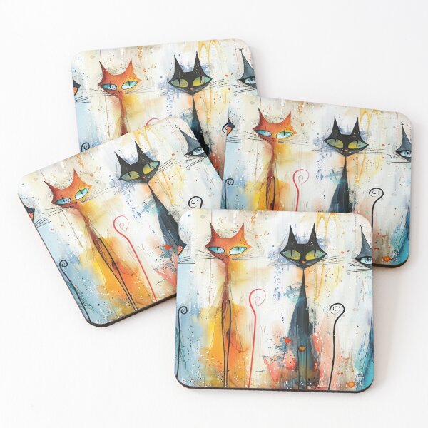 Item preview, Tall Whimsical Cats in Color – Playful Modern Feline Art designed and sold by NeoNebulaArt.