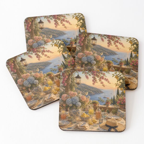 Item preview, Sunset Amalfi Dinner - Hydrangea & Lemon Coastal Art designed and sold by MeanPanduh.