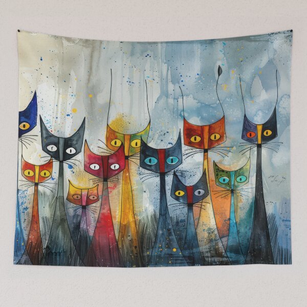 Item preview, The Watchful Alley – Colorful Abstract Cat Gathering designed and sold by NeoNebulaArt.