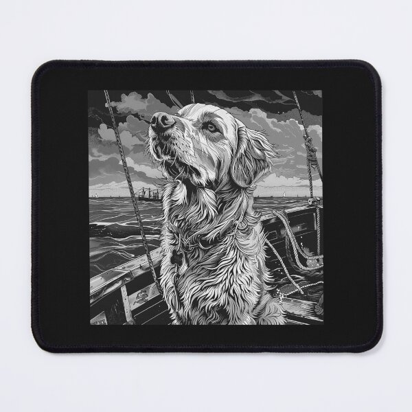 Item preview, Golden Retriever Boat Illustration | Black and White Nautical Dog Art designed and sold by inkoutninja.