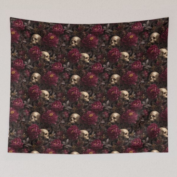 Item preview, Vintage Gothic Skull and Dark Red Peonies Pattern designed and sold by Prismatect.