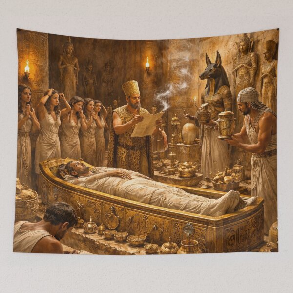 Item preview, Ancient Egyptian Embalming Ritual Scene – Anubis, Pharaoh & Sacred Afterlife Ceremony Art designed and sold by Queen Cleopatra.