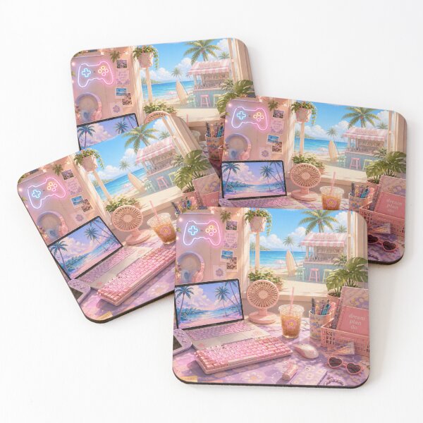 Item preview, Pink Kawaii Beach Desk Setup - Aesthetic Workspace Art designed and sold by PixelPanduh.