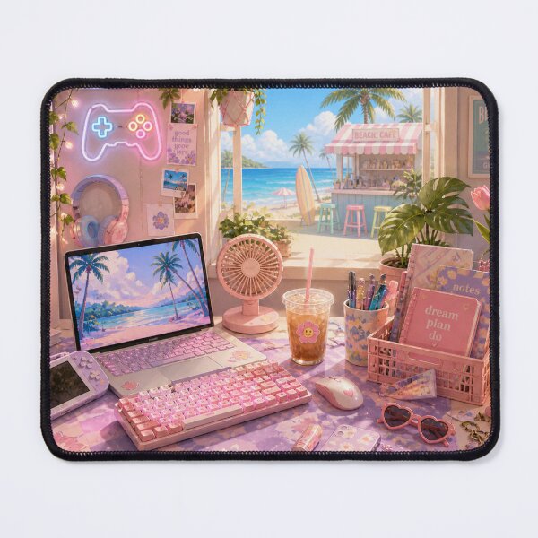 Item preview, Pink Kawaii Beach Desk Setup - Aesthetic Workspace Art designed and sold by PixelPanduh.