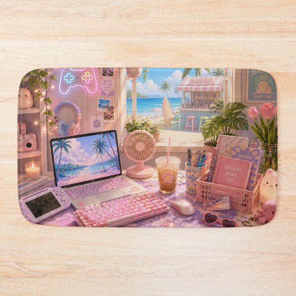 Item preview, Pink Kawaii Beach Desk Setup - Aesthetic Workspace Art designed and sold by PixelPanduh.