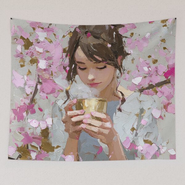 Item preview, Serene Girl Drinking Tea Under Cherry Blossoms designed and sold by colorful-white.