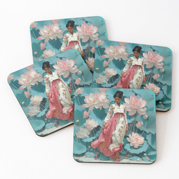 Item preview, Elegant Woman in Hanbok Among Pink Lotuses designed and sold by colorful-white.
