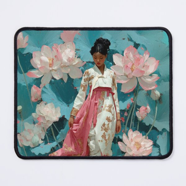 Item preview, Elegant Woman in Hanbok Among Pink Lotuses designed and sold by colorful-white.