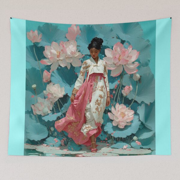 Item preview, Elegant Woman in Hanbok Among Pink Lotuses designed and sold by colorful-white.