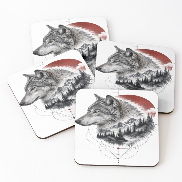 Item preview, Wolf Mountain Forest Red Moon Nature Art designed and sold by InkNovaLab.