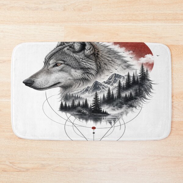 Item preview, Wolf Mountain Forest Red Moon Nature Art designed and sold by InkNovaLab.