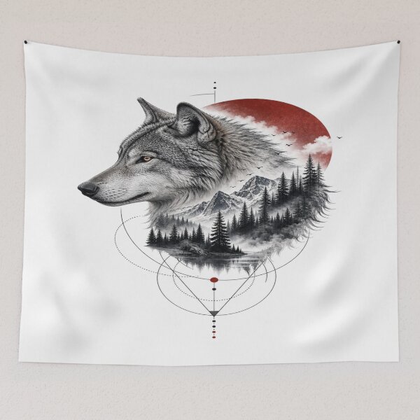 Item preview, Wolf Mountain Forest Red Moon Nature Art designed and sold by InkNovaLab.