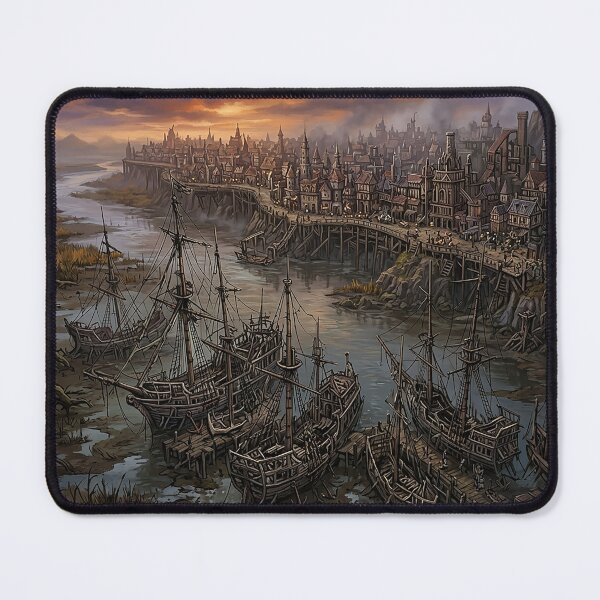 Item preview, Pintura de una ciudad de un juego de rol de fantasía con barcos abandonados designed and sold by Mia's Menagerie.