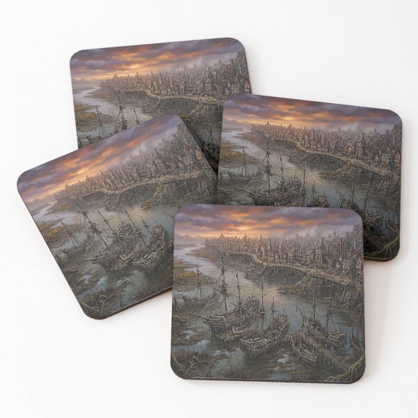 Item preview, Painting of a Fantasy RPG city abondoned ships designed and sold by Mia's Menagerie.