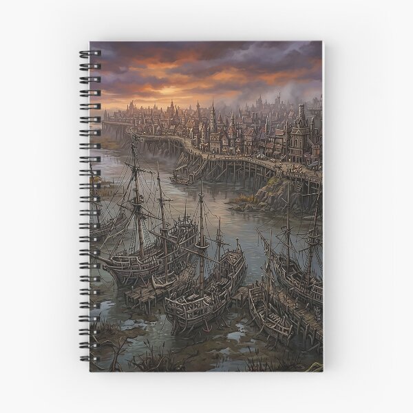 Item preview, Pintura de una ciudad de un juego de rol de fantasía con barcos abandonados designed and sold by Mia's Menagerie.