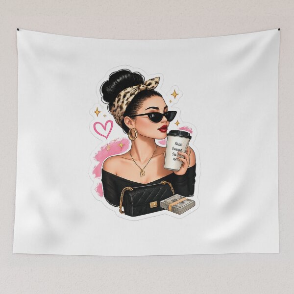Artikelvorschau, Boss Babe Coffee Girl Sticker | Ästhetische Modeillustration für reiche Mädchen entworfen und verkauft von Artbysarmina.