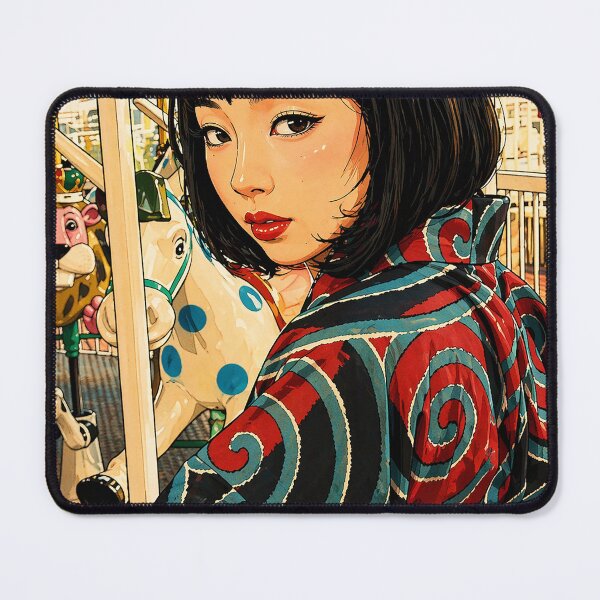 Item preview, Retro Carousel Kimono Girl – Japanese Anime Aesthetic Art Print designed and sold by clipboxjp.