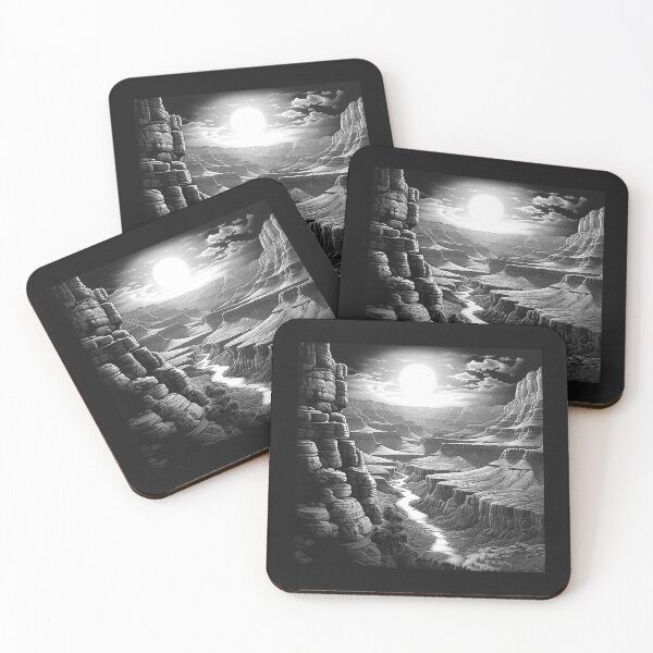 Item preview, Black and White Canyon Landscape | Desert River Moon Art designed and sold by inkoutninja.