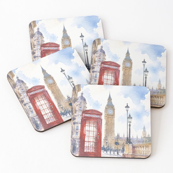 Item preview, London Big Ben Red Phone Box Watercolor Art Print designed and sold by GASCE Studio.