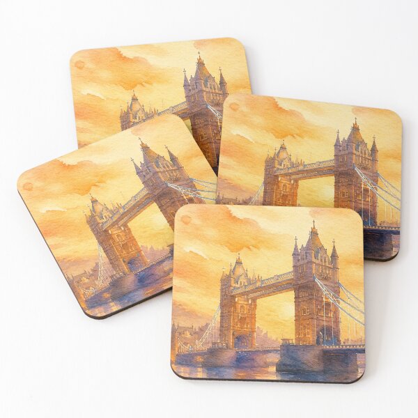 Item preview, Tower Bridge London Golden Sunset Watercolor Print designed and sold by GASCE Studio.