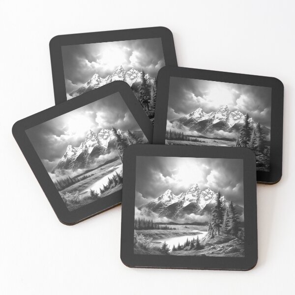 Item preview, Black and White Mountain Landscape | Dramatic Alpine Wilderness Art designed and sold by inkoutninja.