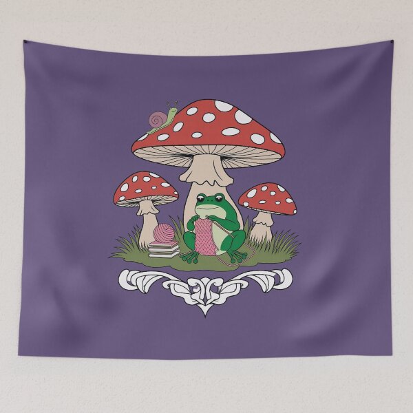 Item preview, Cozy Knitting Frog under Mushroom  Cottagecore Hobby Art designed and sold by ZyxDes.