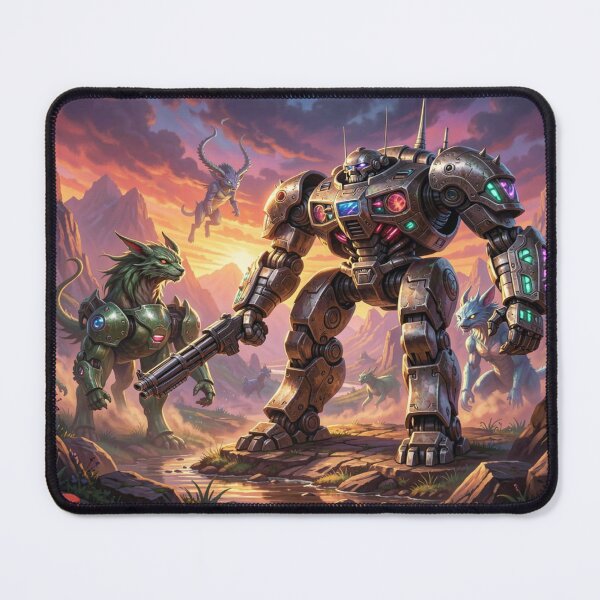 Item preview, Epic Sci-Fi Mech Warrior in Sunset Valley, inspired by Boris Vallejo, with mystical battle energy designed and sold by FotoworldEdel.