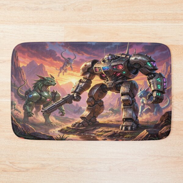 Item preview, Epic Sci-Fi Mech Warrior in Sunset Valley, inspired by Boris Vallejo, with mystical battle energy designed and sold by FotoworldEdel.