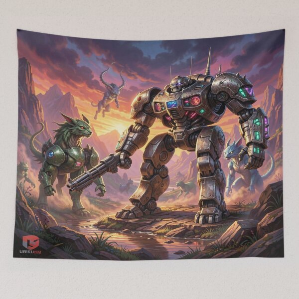 Item preview, Epic Sci-Fi Mech Warrior in Sunset Valley, inspired by Boris Vallejo, with mystical battle energy designed and sold by FotoworldEdel.