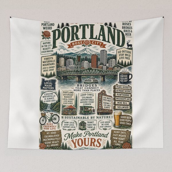 Item preview, Portland Oregon St Johns Bridge Mount Hood Rose City Travel Typography designed and sold by Places On Earth.