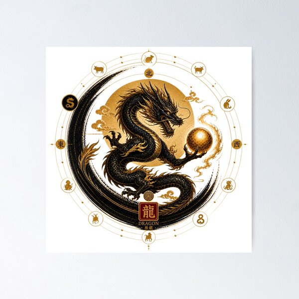 Item preview, Year of the Dragon Zodiac – Celestial Gold and Black Chinese Astrological Art designed and sold by KireaDesigns.