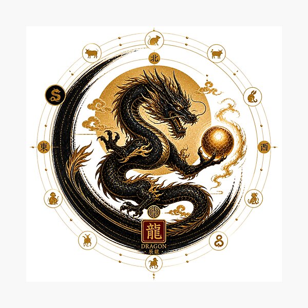 Item preview, Year of the Dragon Zodiac – Celestial Gold and Black Chinese Astrological Art designed and sold by KireaDesigns.